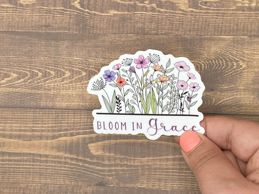 Bloom in Grace, Bible Verse Sticker, Inspirational decal, Waterproof sticker, Most Popular Items, Trending Now, Bible Verse Gifts for Women